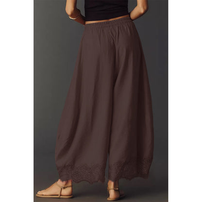 Attraco Women Elastic Drawstring High Waist Wide Leg Cropped Pants with Side Pockets and Lace Hem