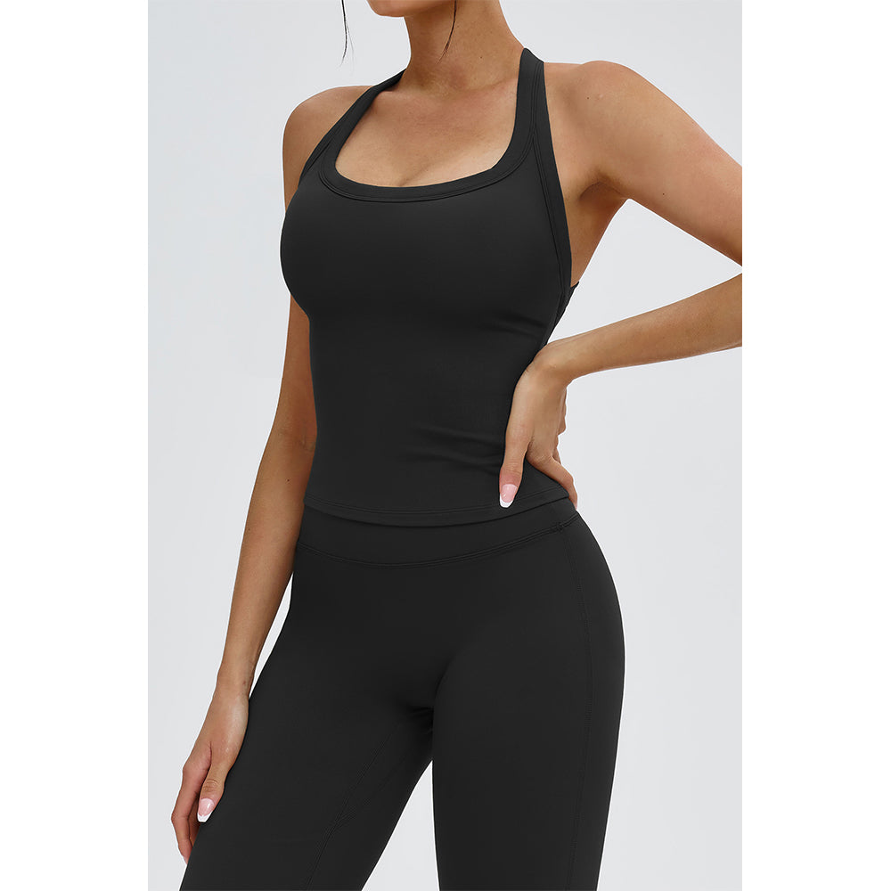 Attraco Women's Square Neck Halter T-Back Longline Sports Tank Top with Removable Pads Yoga Tops