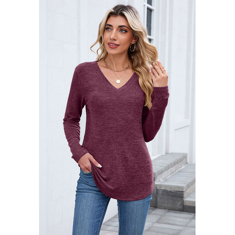 Attraco Women's Long Sleeve V Neck Top Soft Stretch Casual Pullover Shirt with Curved Hem