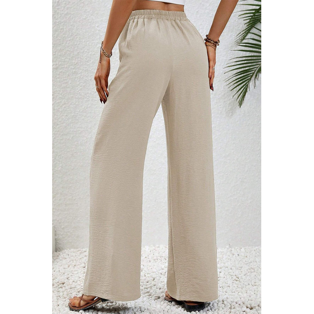 Attraco Women Elastic Drawstring High Waist Wide Leg Pants with Side Pockets