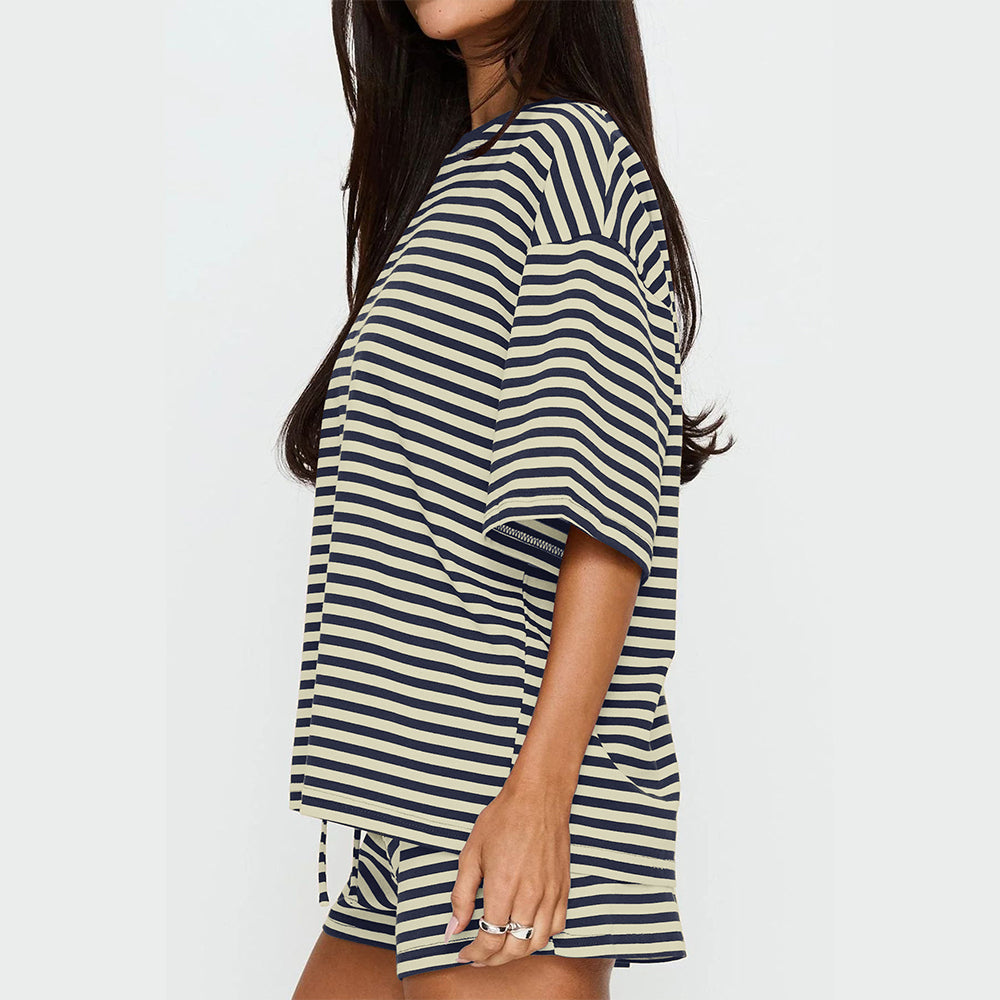 Attraco Women Striped Oversized Crew Neck Short Sleeve 2 Piece Pajama Loungewear Short Set