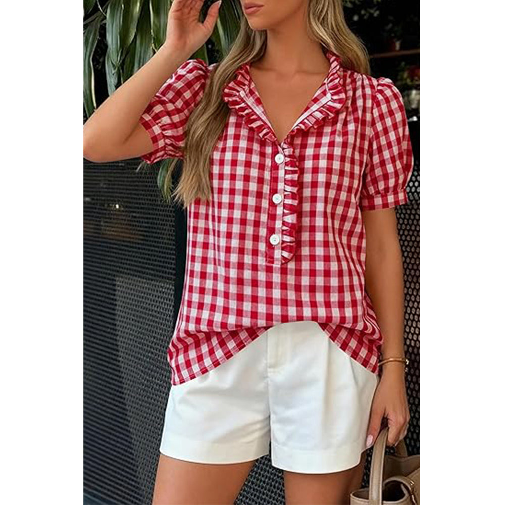 Attraco Womens Puff Short Sleeve Summer Tops Striped Plaid Ruffle V Neck Button Down Shirts Business Casual Work Blouses