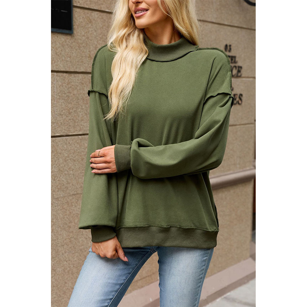 Attraco Women's Mock Neck Drop Shoulder Exposed Seam Long Sleeve Sweatshirt Pullover