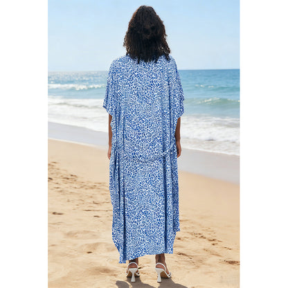 Charmo Women's Leopard Print Kimono Style Open Front Tie Waist Cover Up Swimming Maxi Dress