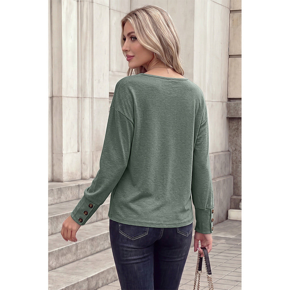 Attraco Women's Brushed V-Neck Long Sleeve Knit Top with Button Cuff Detail