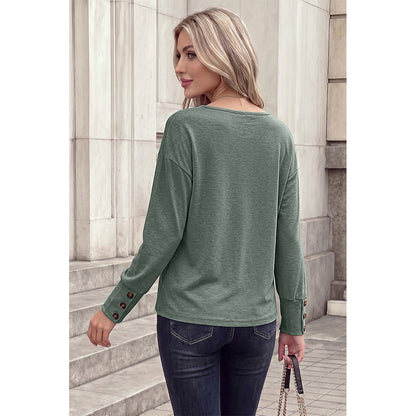 Attraco Women's Brushed V-Neck Long Sleeve Knit Top with Button Cuff Detail