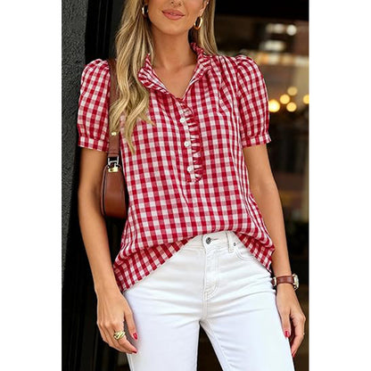 Attraco Womens Puff Short Sleeve Summer Tops Striped Plaid Ruffle V Neck Button Down Shirts Business Casual Work Blouses