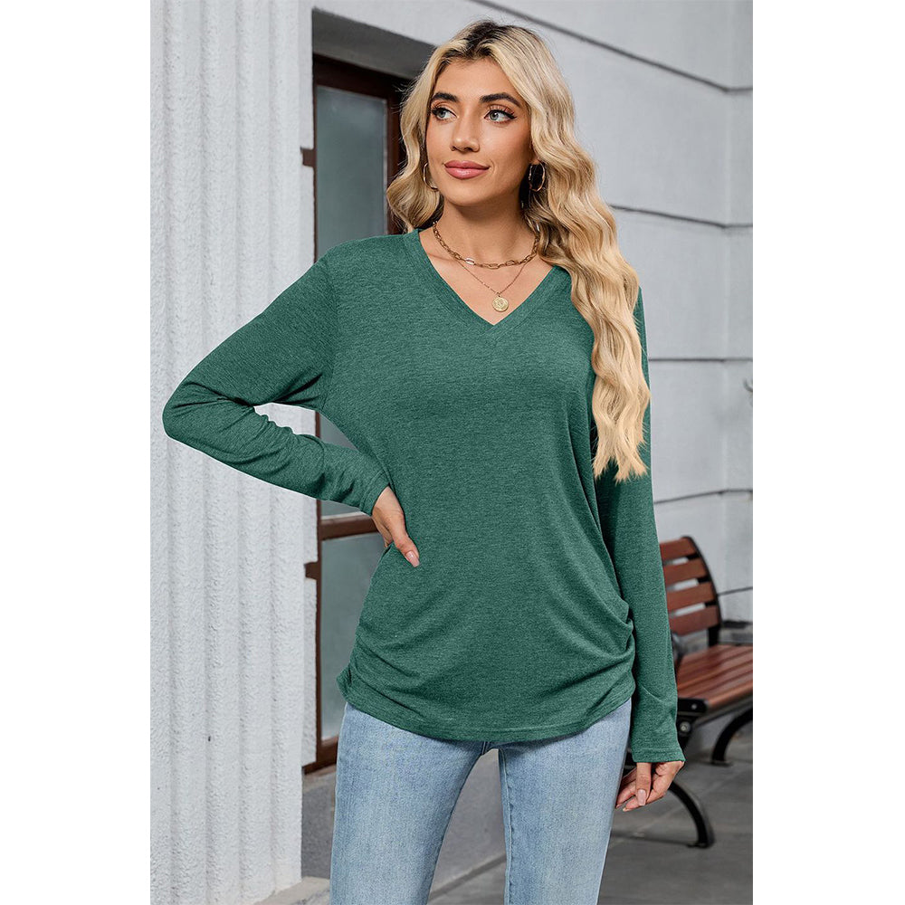 Attraco Women's Long Sleeve V Neck Tunic Top Soft Stretch Casual Shirt with Side Ruched Detail