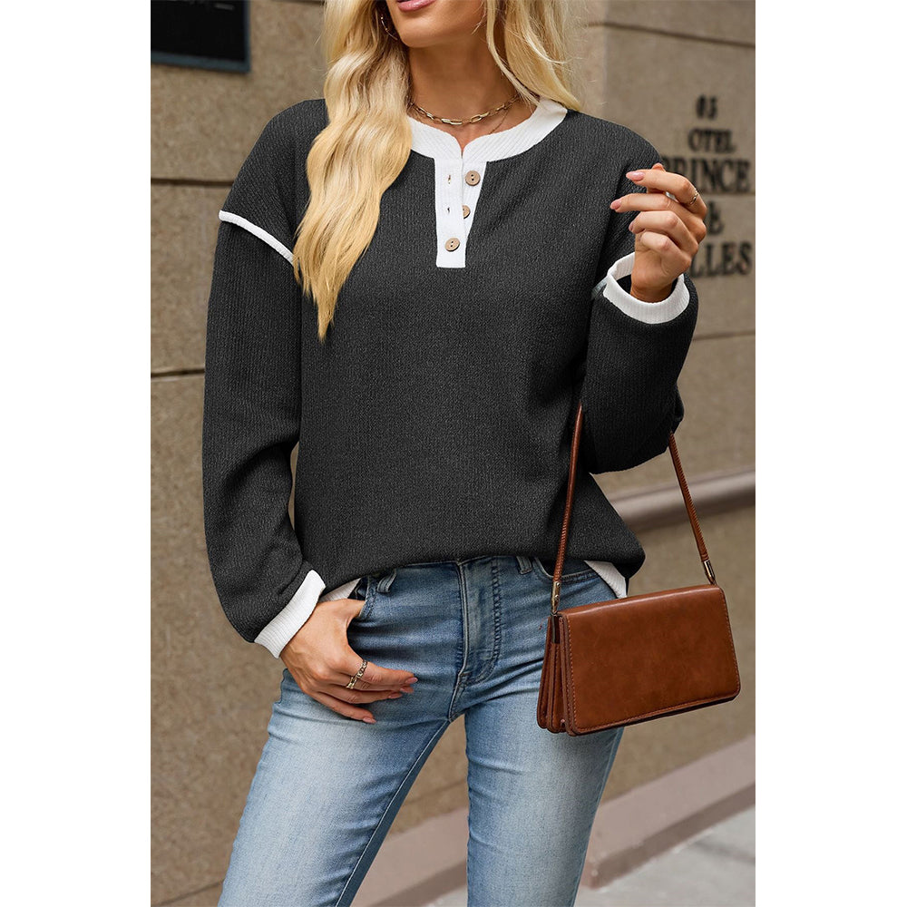 Attraco Women's Contrast Trim Henley Neck Long Sleeve Knit Top