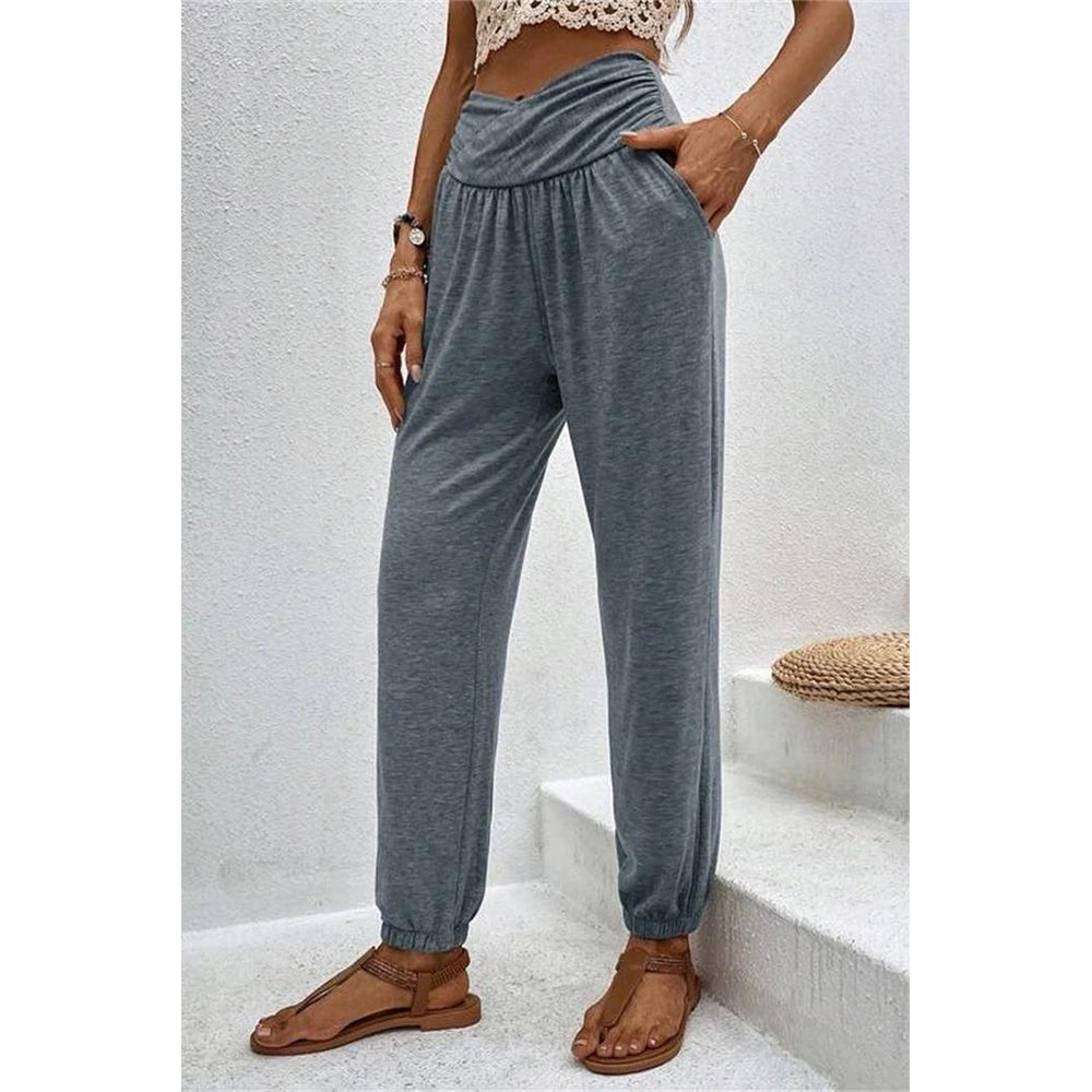 Attraco Women Cross Wrap High Waist Jogger Pants with Side Pockets Loungewear Trousers