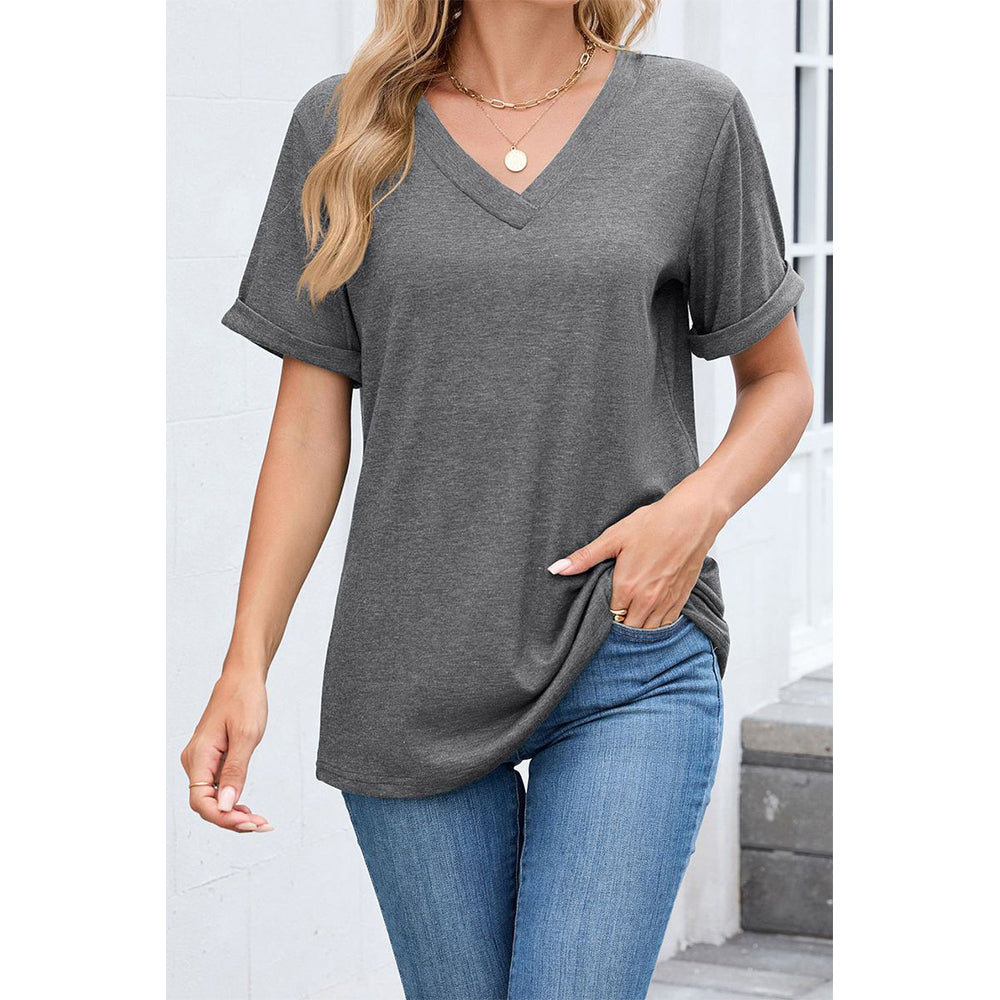 Attraco Women's V Neck Rolled Cuff Short Sleeve Loose Fit Casual T-Shirt Summer Tops