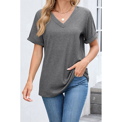 Attraco Women's V Neck Rolled Cuff Short Sleeve Loose Fit Casual T-Shirt Summer Tops