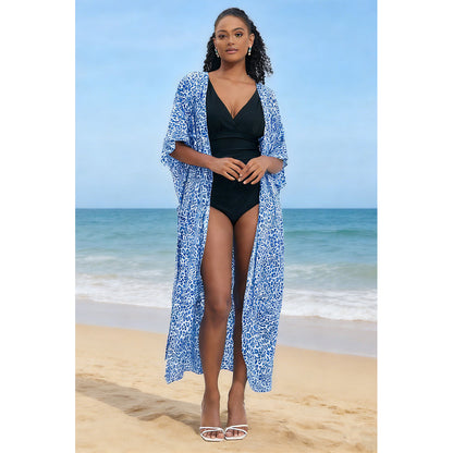 Charmo Women's Leopard Print Kimono Style Open Front Tie Waist Cover Up Swimming Maxi Dress