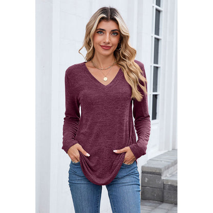 Attraco Women's Long Sleeve V Neck Top Soft Stretch Casual Pullover Shirt with Curved Hem