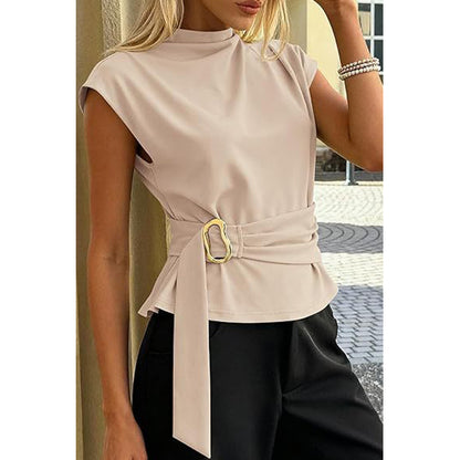 Attraco Women's High Neck Cap Sleeve Belted Blouse with Gold Buckle Business Casual Tops