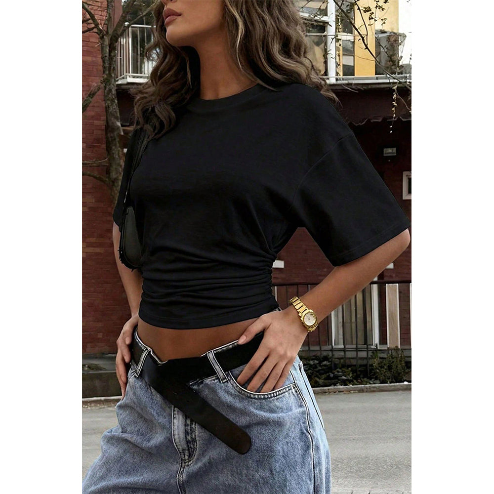 Attraco Women's Crew Neck Short Sleeve Side Ruched Cropped Casual T-Shirt Casual Summer Tops