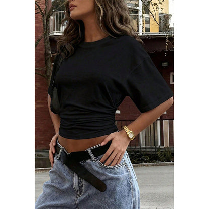 Attraco Women's Crew Neck Short Sleeve Side Ruched Cropped Casual T-Shirt Casual Summer Tops