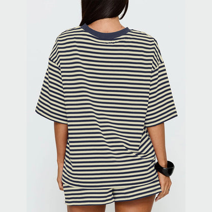 Attraco Women Striped Oversized Crew Neck Short Sleeve 2 Piece Pajama Loungewear Short Set