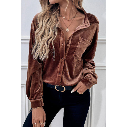 V For City Women's Velvet Collared Lantern Sleeve Button Down Shirts