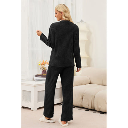 Attraco Women's Ribbed Pajama Set 2 Piece Lounge Set Long Sleeve Henley Top Wide Leg Pants Soft Knit Sleepwear
