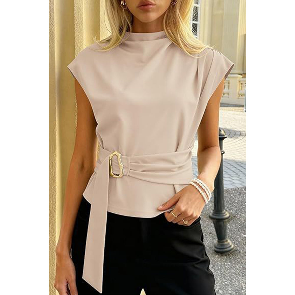 Attraco Women's High Neck Cap Sleeve Belted Blouse with Gold Buckle Business Casual Tops
