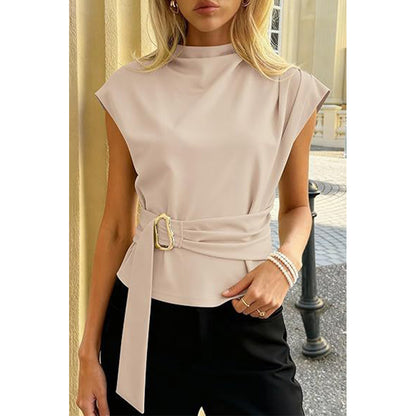 Attraco Women's High Neck Cap Sleeve Belted Blouse with Gold Buckle Business Casual Tops