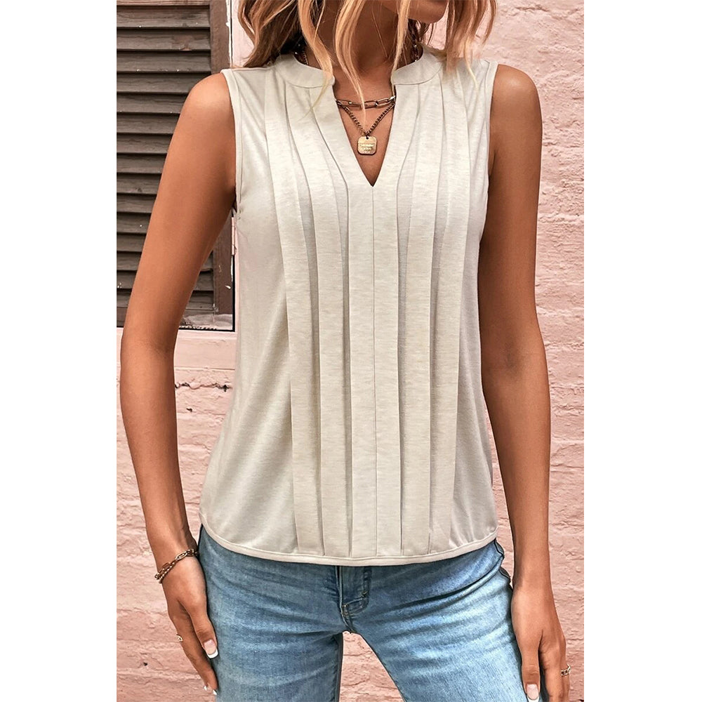 Attraco Women's Sleeveless Split V-Neck Pleated Casual Tank Top Summer Shirts