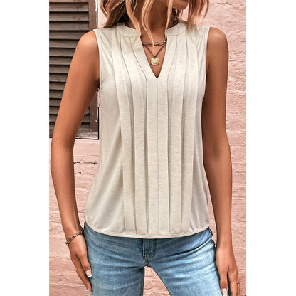Attraco Women's Sleeveless Split V-Neck Pleated Casual Tank Top Summer Shirts