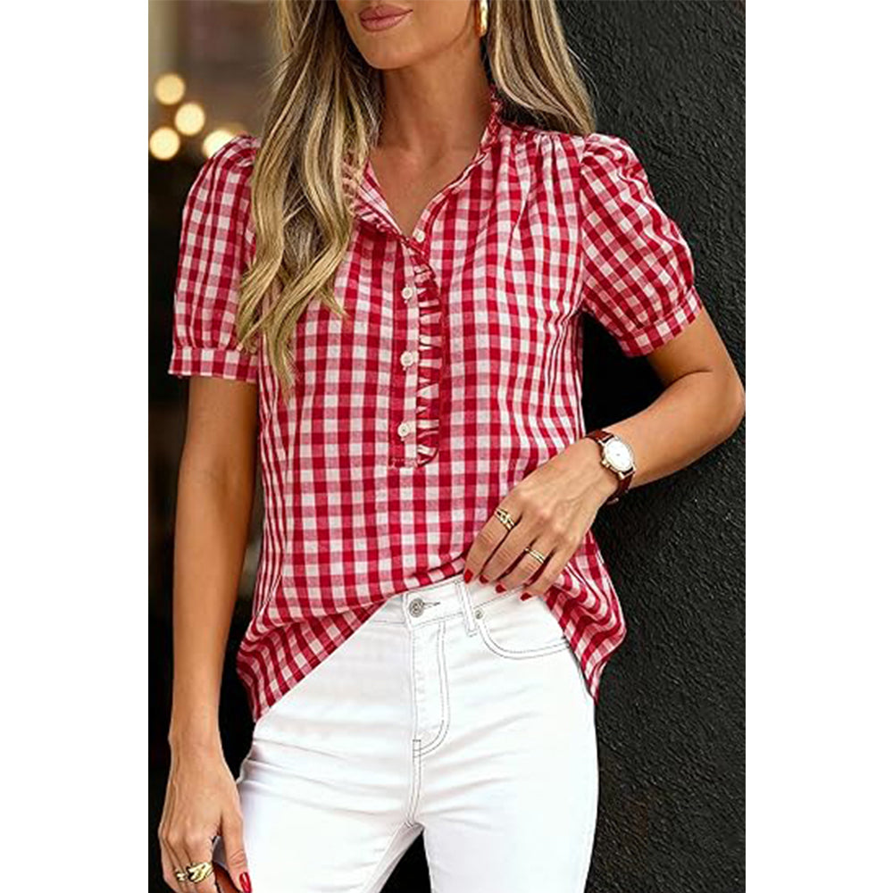 Attraco Womens Puff Short Sleeve Summer Tops Striped Plaid Ruffle V Neck Button Down Shirts Business Casual Work Blouses