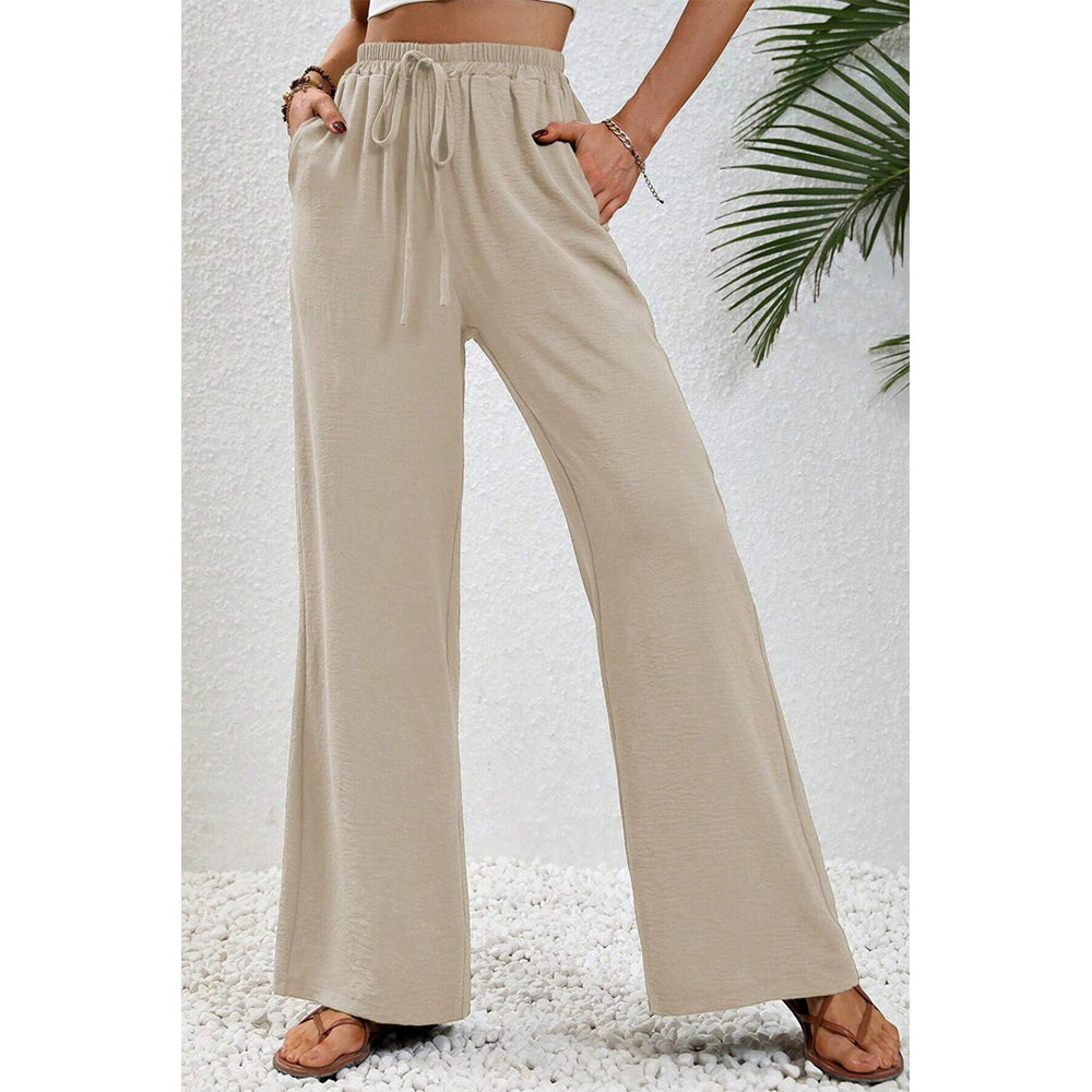 Attraco Women Elastic Drawstring High Waist Wide Leg Pants with Side Pockets