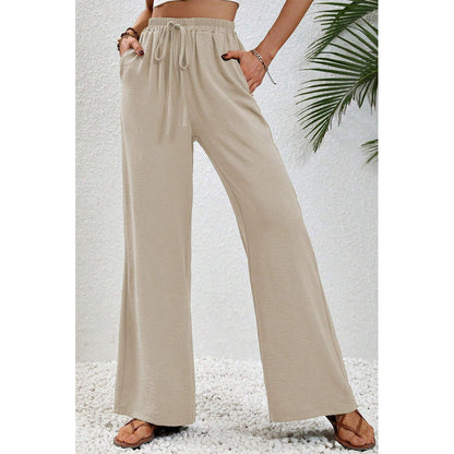 Attraco Women Elastic Drawstring High Waist Wide Leg Pants with Side Pockets