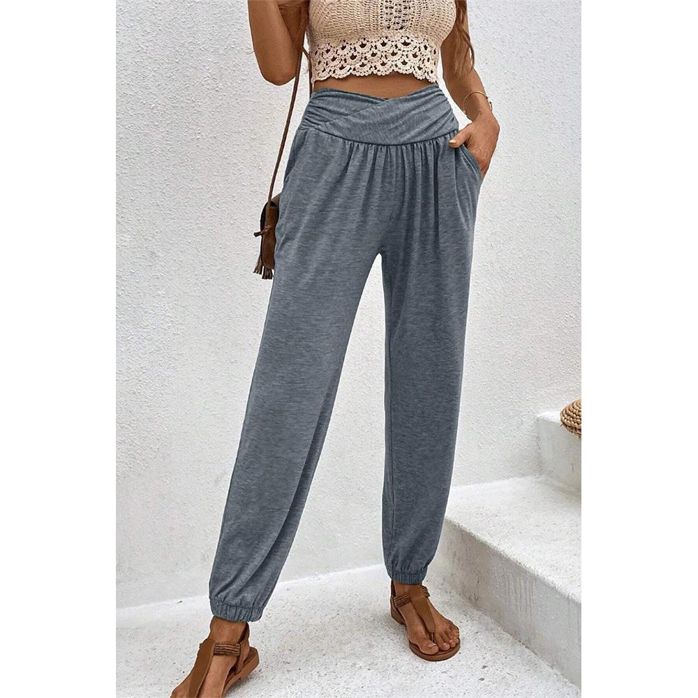 Attraco Women Cross Wrap High Waist Jogger Pants with Side Pockets Loungewear Trousers