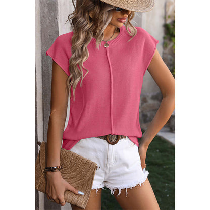 Attraco Women's Cap Sleeve Textured Center-Seam Crew Neck Blouse Spring Summer Tops