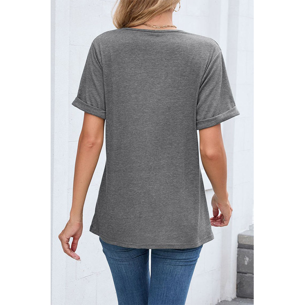 Attraco Women's V Neck Rolled Cuff Short Sleeve Loose Fit Casual T-Shirt Summer Tops