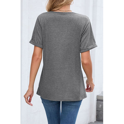Attraco Women's V Neck Rolled Cuff Short Sleeve Loose Fit Casual T-Shirt Summer Tops