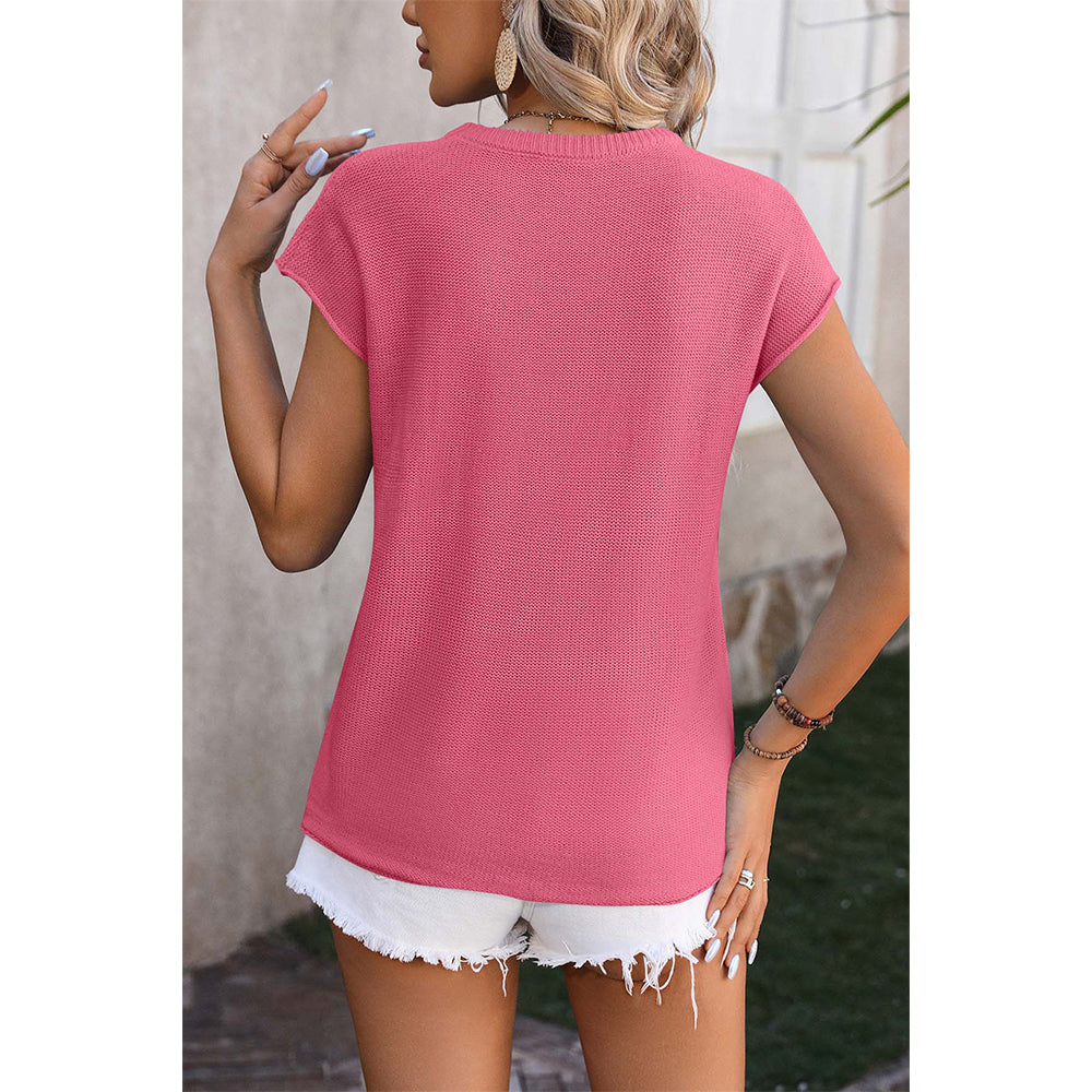 Attraco Women's Cap Sleeve Textured Center-Seam Crew Neck Blouse Spring Summer Tops