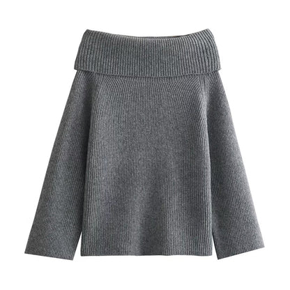 V For City Women's Autumn Winter Off-Shoulder Slim-Fit Solid Color Pullover Sweater