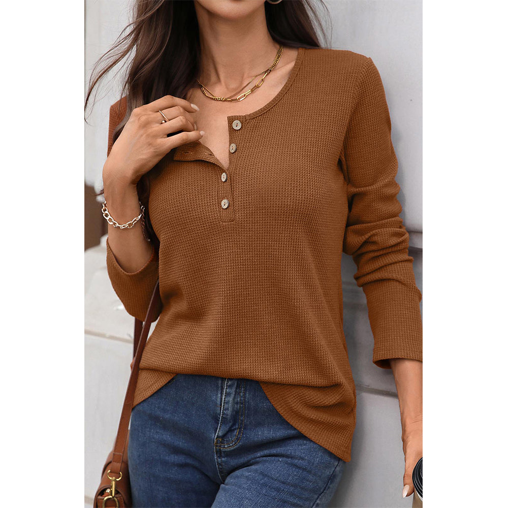 Attraco Women's Long Sleeve Henley Top Textured Knit Casual Shirt with Button Front