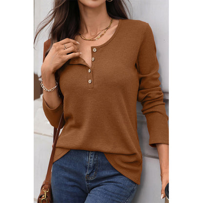 Attraco Women's Long Sleeve Henley Top Textured Knit Casual Shirt with Button Front