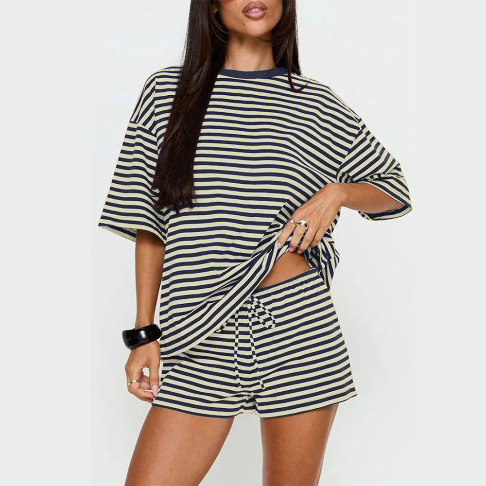 Attraco Women Striped Oversized Crew Neck Short Sleeve 2 Piece Pajama Loungewear Short Set