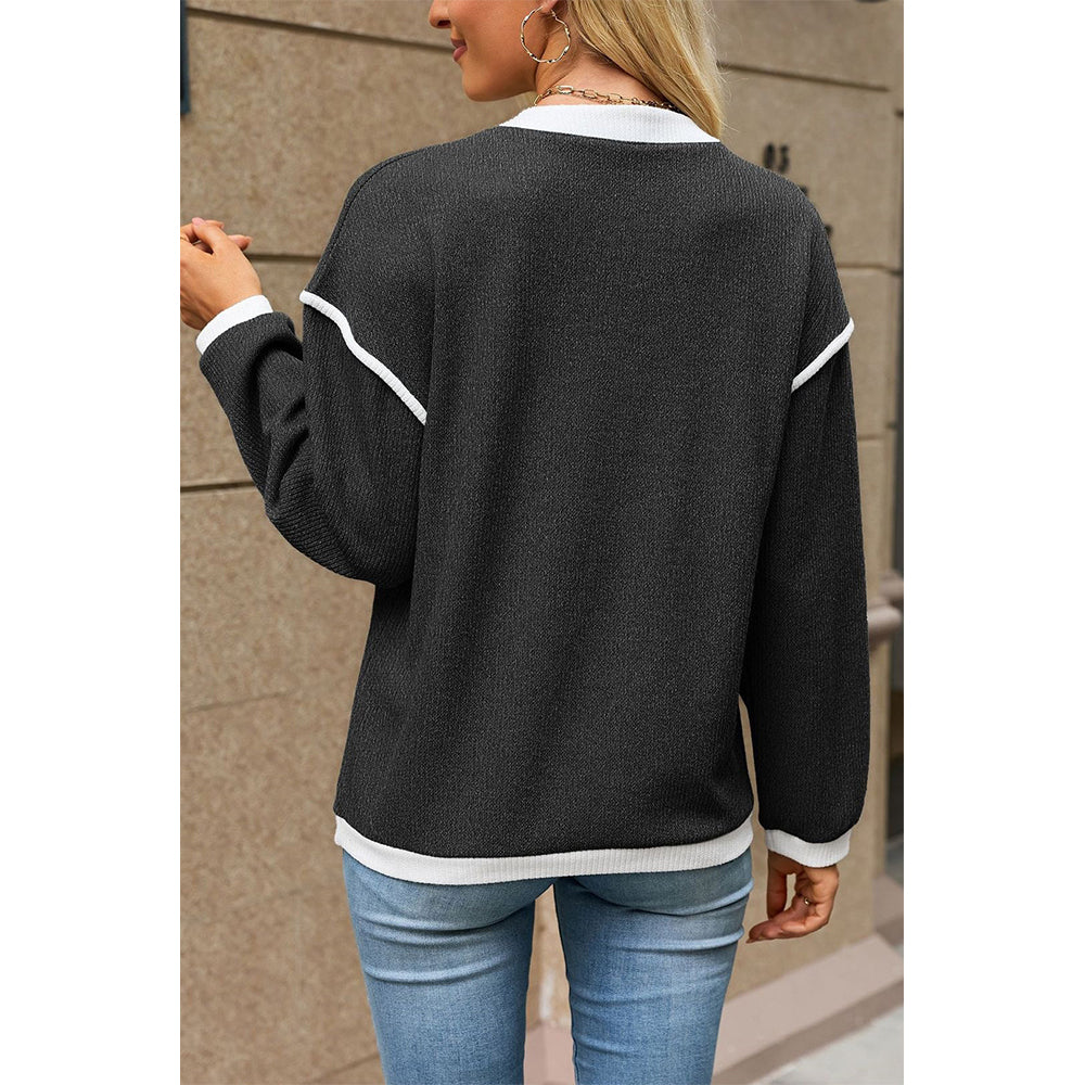 Attraco Women's Contrast Trim Henley Neck Long Sleeve Knit Top