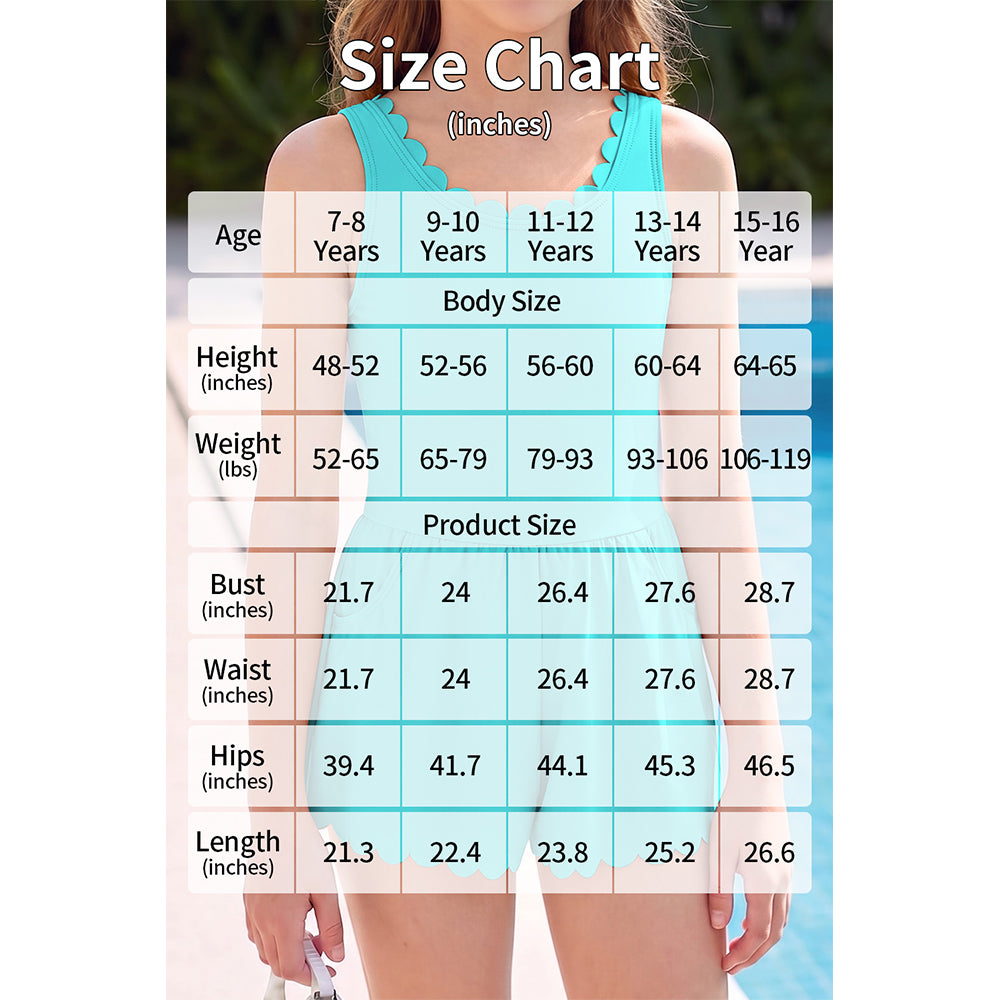 Charmo Girls Scalloped Trim Adjustable Strap Romper Swimsuit One Piece Swimsuit with Built in Boy Shorts and Side Pockets 7-16 Years
