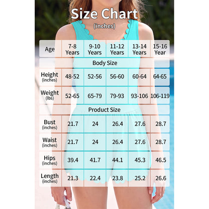 Charmo Girls Scalloped Trim Adjustable Strap Romper Swimsuit One Piece Swimsuit with Built in Boy Shorts and Side Pockets 7-16 Years