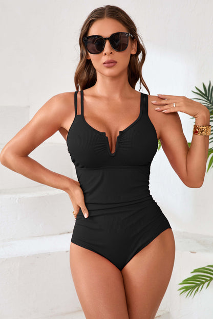 Ribbed V Wire Scoop Neck One Piece Swimsuits-11141