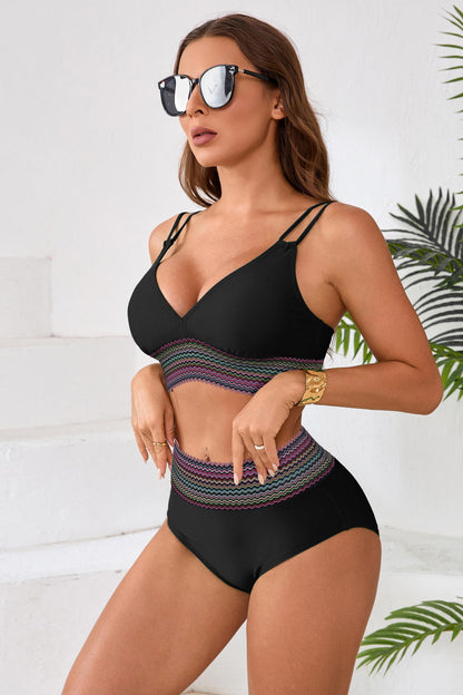 High Waisted Color Block Trim High Cut Bikini Set-71093