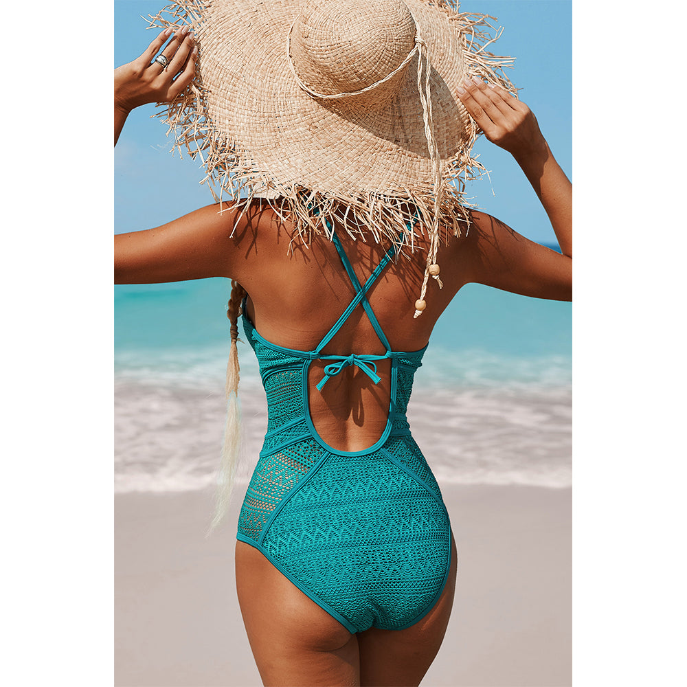 Charmo Women's Lace Trimmed One-Piece Swimsuit Keyhole Front, Crisscross Back & Adjustable Tie Bathing Suit