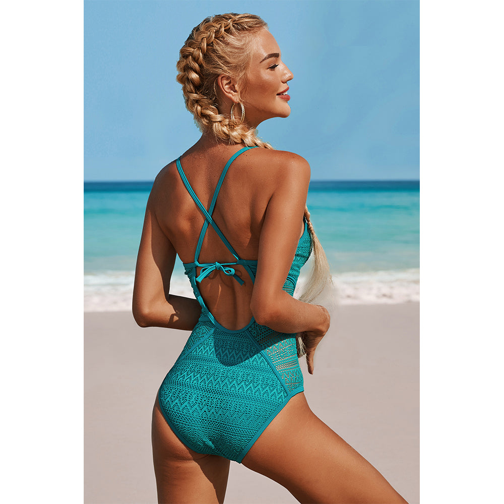 Charmo Women's Lace Trimmed One-Piece Swimsuit Keyhole Front, Crisscross Back & Adjustable Tie Bathing Suit