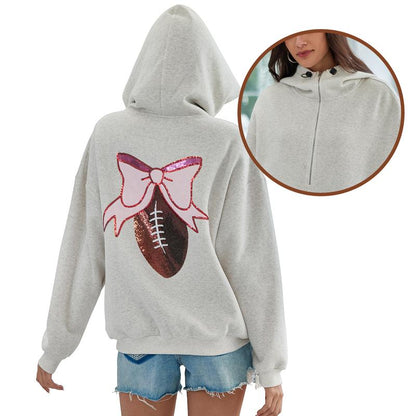 Attraco Women's Gameday Football Sequin Oversized Half Zip Fleece Pullover Hoodies Long Sleeve Fashion Half Zip Sweatshirt Fallfreshness Winter 2025