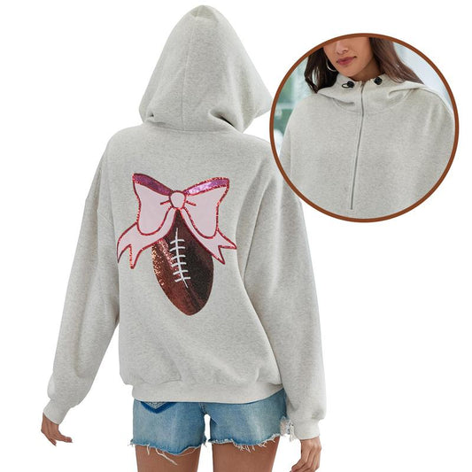 Attraco Women's Gameday Football Sequin Oversized Half Zip Fleece Pullover Hoodies Long Sleeve Fashion Half Zip Sweatshirt Fallfreshness Winter 2025