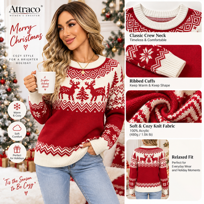 Attraco Women's Christmas Sweater Long Sleeve Crewneck Reindeer Snowflake Knit Pullover Holiday Winter Cozy Ugly Christmas Sweater